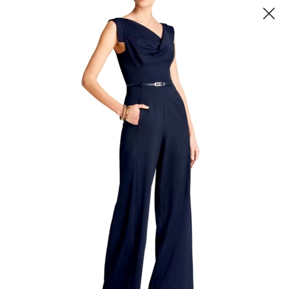 Black Halo Jackie O Cap Sleeve Belted Wide Leg Jumpsuit in Navy Size 8